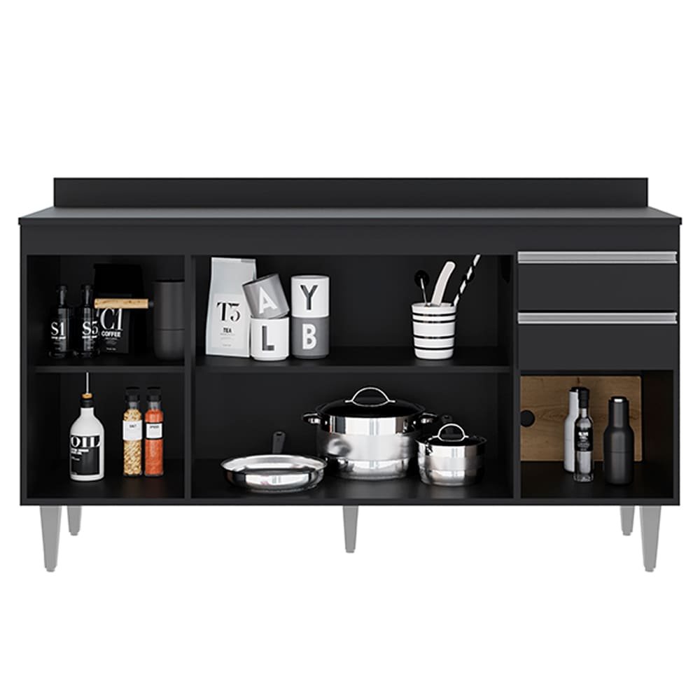 Balcão Cozinha Ayla 150cm Preto C/ Tampo - Vallisa Decor - 2