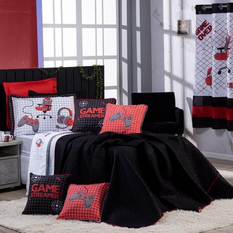 Kit Cobre Leito Colcha Solteiro Game Streamer Dupla Face com Almofadas Estampadas 05 Peças Cor