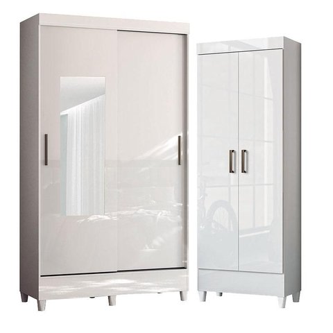 Guarda Roupa Solteiro 2 Portas de Correr com Pés e Espelho Fit com Armário Multiuso Fit Branco Brilh