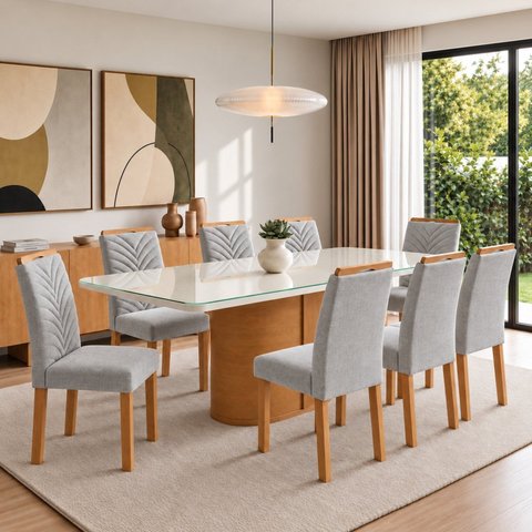 Conjunto Sala de Jantar 8 Lugares Retangular Tampo Vidro/MDF 200x90cm Mesa Diana e Cadeiras Carol