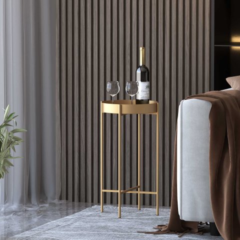 Mesinha Redonda Lateral Bandeja Apoio Sala Aço Dourada Collie