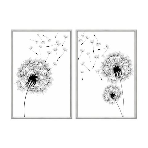 Kit 02 Quadros Decorativos - Dente de Leao Minimalista Pb Flnt053 - Vidro com Impressão Uv - 60x80cm