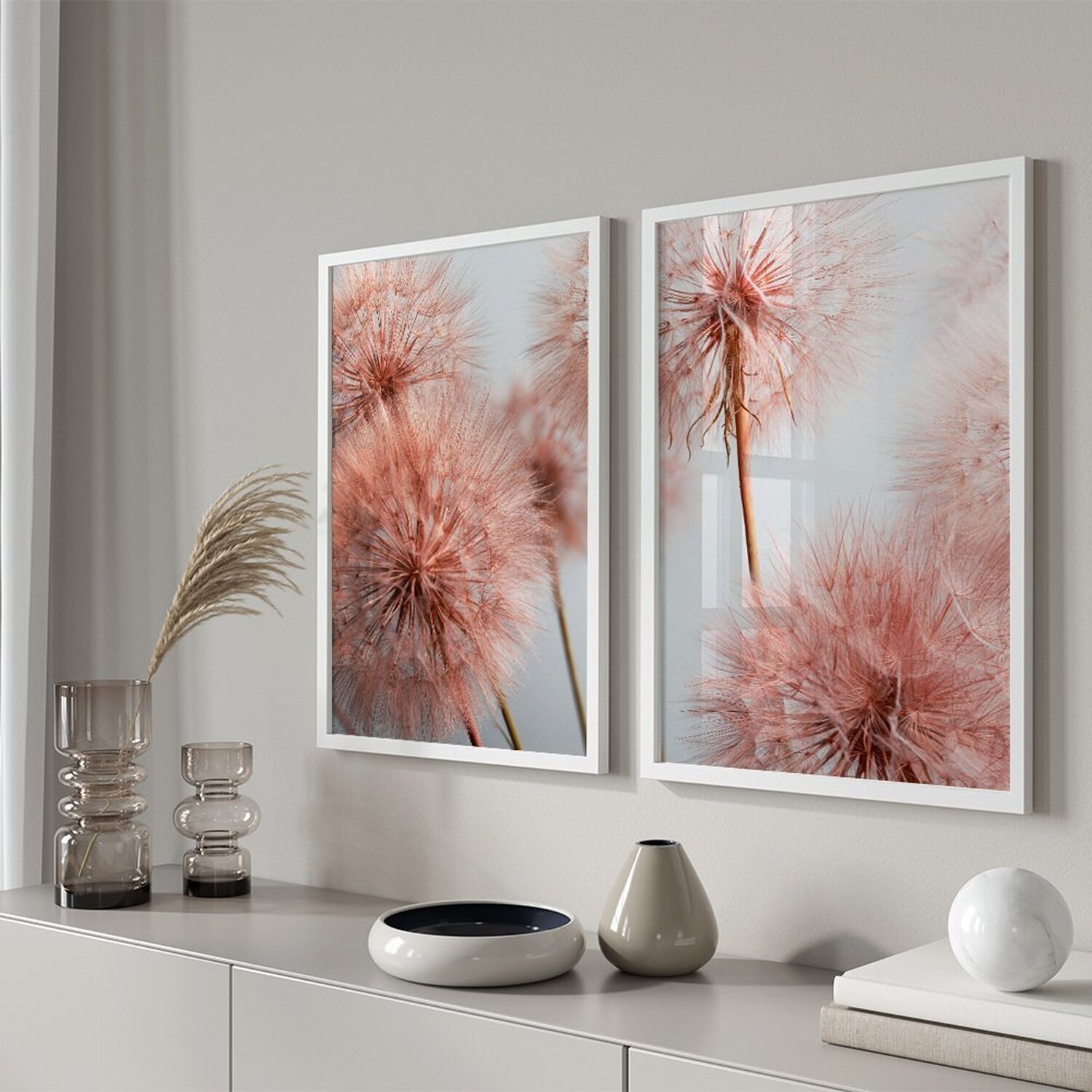 Quadro Decorativo 2 Telas Dente de Leão Rosa Diversos Tamanhos - 1