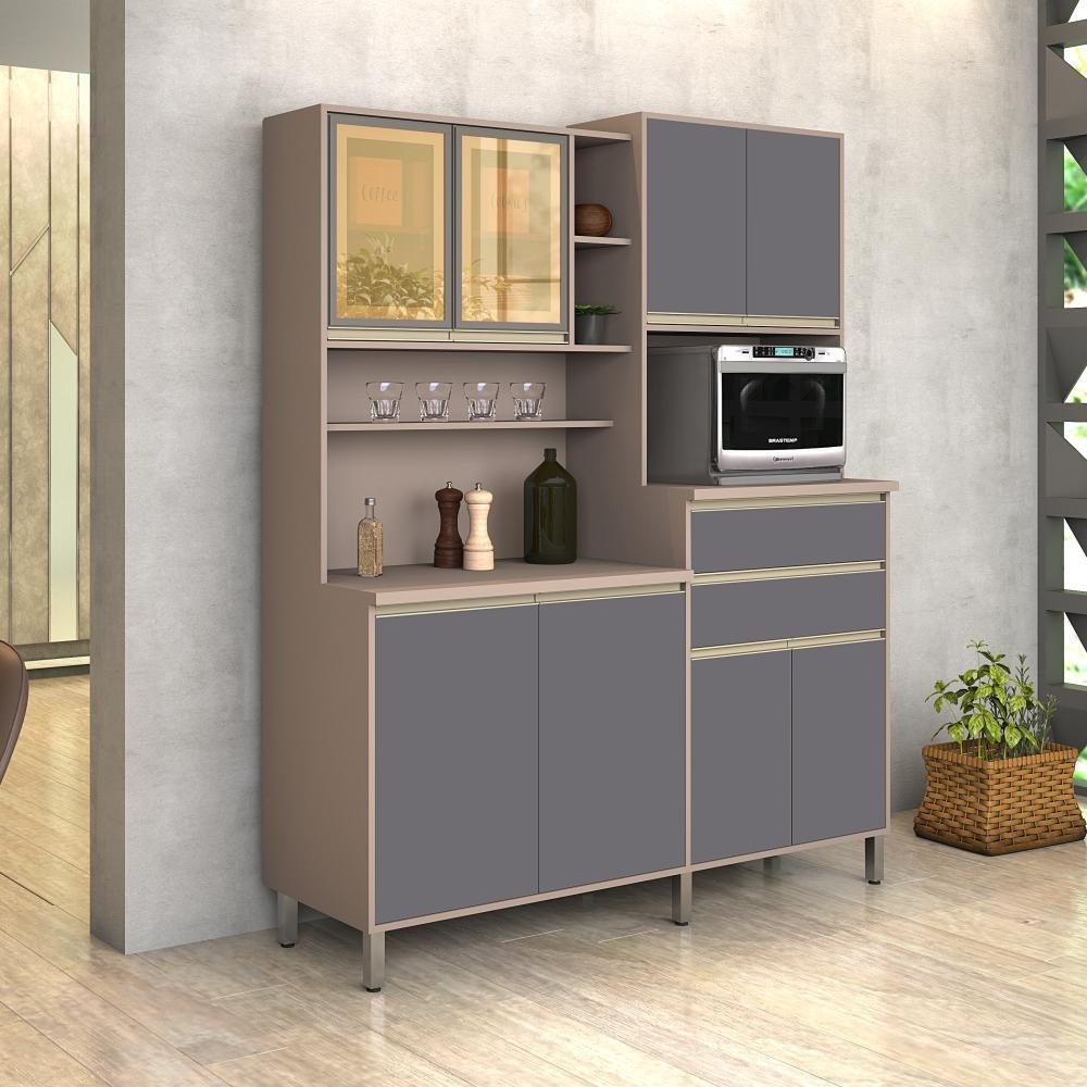 Armário de Cozinha 8 Portas com Gavetas Gabi - Connect com Cinza