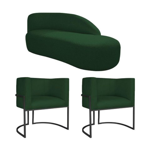 Kit Divã Luna 160cm Lado Direito e 02 Poltronas Base de Ferro Preto Suede Verde