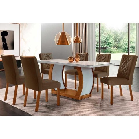 Conjunto: Mesa Sala Jantar Jade Tampo Madeirado C/ Vidro Canto Curvo 180x90 e 6 Cadeiras Jade Imbuia