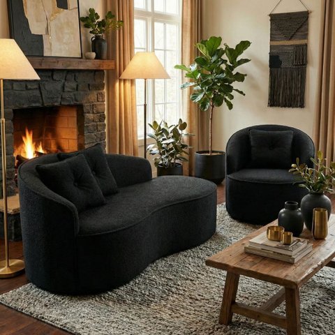 Kit Sofá Orgânico Curvo Feijão + 01 Poltrona Sala Estúdio Amore Bouclê Preto - Montanari'S Decor