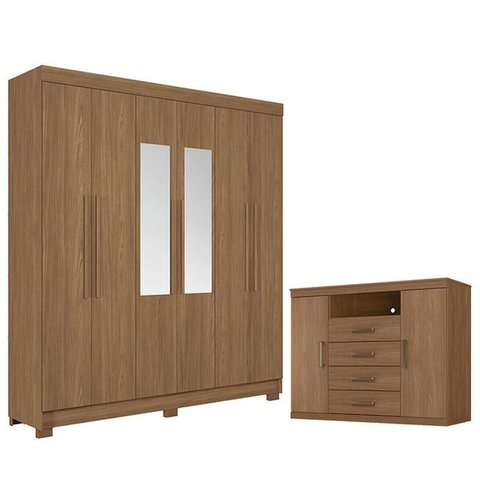 Guarda Roupa Casal Toledo 6 Portas com Espelho e Cômoda Havana Jatobá - Santos Andirá