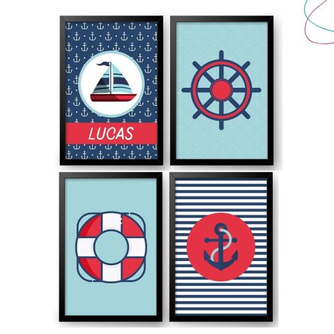 4 Quadros Decorativo Infantil Marinheiro Náutico Moldura:preta