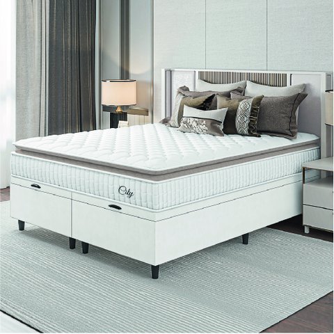 Cama Box Colchão Baú Casal King Molas Ensacadas City Pillow Top 193x203x64cm Linho Branco / Bege