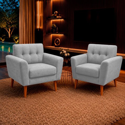 Kit 2 Poltronas Sala de Estar Bia Pés Palito Suede Cinza M3 - Monari Design
