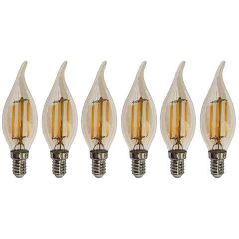 Kit 6 Lâmpadas Filamento Led Vela Bico Torto Âmbar 4w E14 2700k