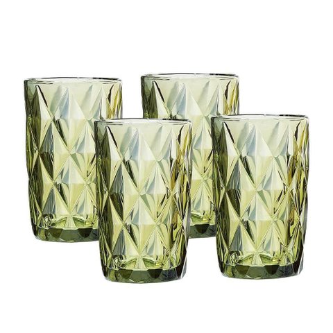 Jogo 4 Copos para Água Vidro Diamante Verde Class Home 350ml
