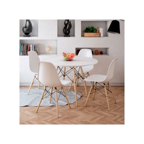 Conjunto de Mesa 4 Cadeiras Brancas Eames Eiffel 90 Cm Base Madeira Tampo Branco