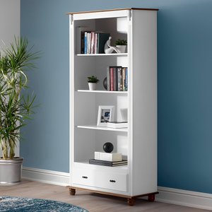 Estante para Livros de Madeira 1 Gaveta Pés Torneados - Branco Laca com Tampo e Base Imbuia Glazer