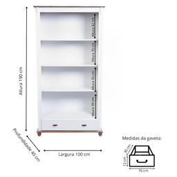 Estante para Livros de Madeira 1 Gaveta Pés Torneados - Branco Laca com Tampo e Base Imbuia Glazer - 4