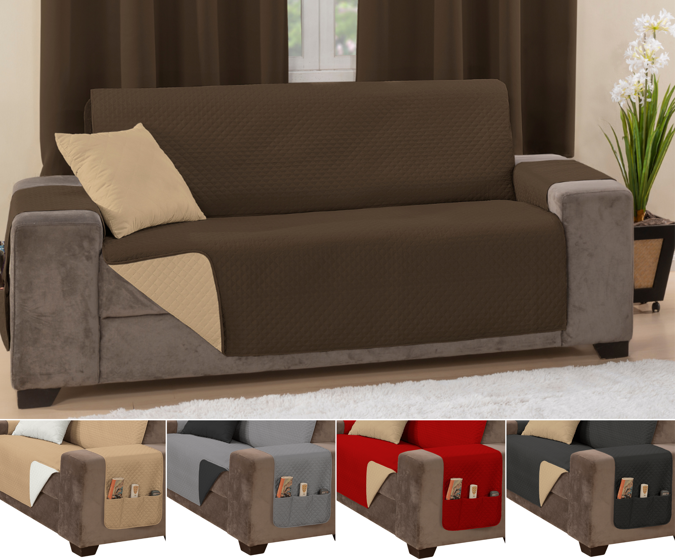 Capa sofá impermeavel ultrassonico tamanho padrão 2 lugares 1,1m marrom e caqui