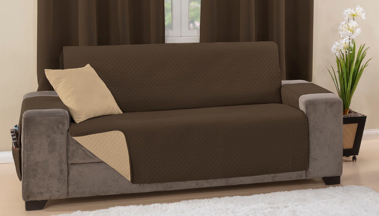Capa sofá impermeavel ultrassonico tamanho padrão 2 lugares 1,1m marrom e caqui - 4