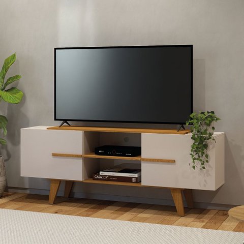 Rack Bancada para TV até 65" Sala de Estar Vila 2 Portas 1 Prateleira Cinamomo Off White Madetec