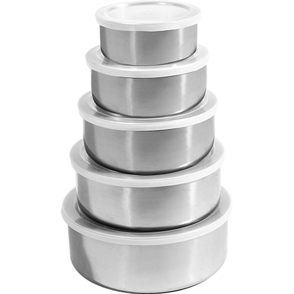 Jogo Conjunto de Tigelas Bowl Potes com Tampa Aço Inox 5 Pçs