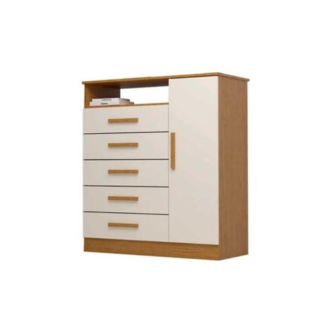 Cômoda de Quarto Madri c/ 1 Porta 1 Nicho e 5 Gavetas Cinamomo/Off White - Acp