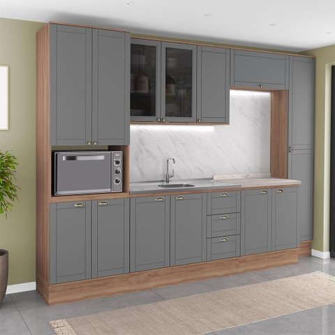 Cozinha Milla Connect 14 Portas 3 Gavetas MDP e MDF 310cm Nogal com Cinza Titânio Móveis Carraro