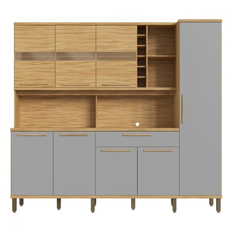 Cozinha Compacta Touriga 8 Portas 1 Gaveta 100% Mdf com Vidro Amêndoa/cinza - Rio Doce