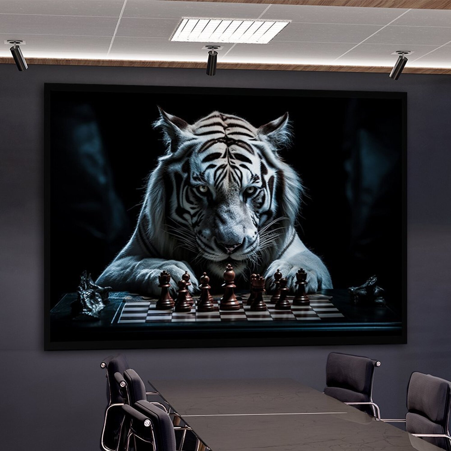 Quadro Decorativo 1 Tela Animais Tigre de Bengala Jogando Xadrez Diversos Tamanhos - 1