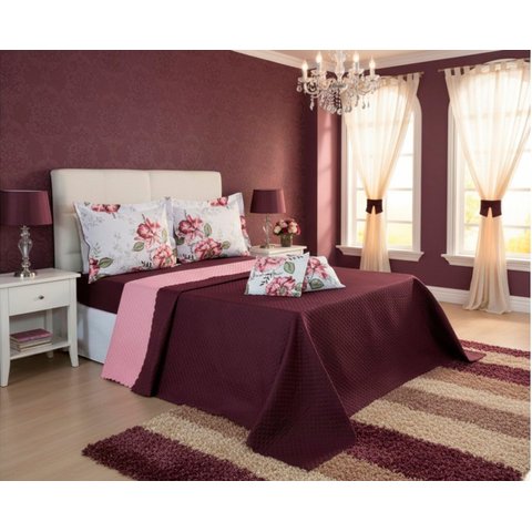 Kit 6 Pçs Cobre Leito Colcha e Lençol Casal Queen Provence: Amapola Vinho