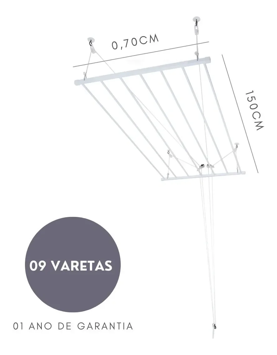 Varal De Teto Tradicional 150cm x 09 Varetas - Em Alumínio Branco - 2