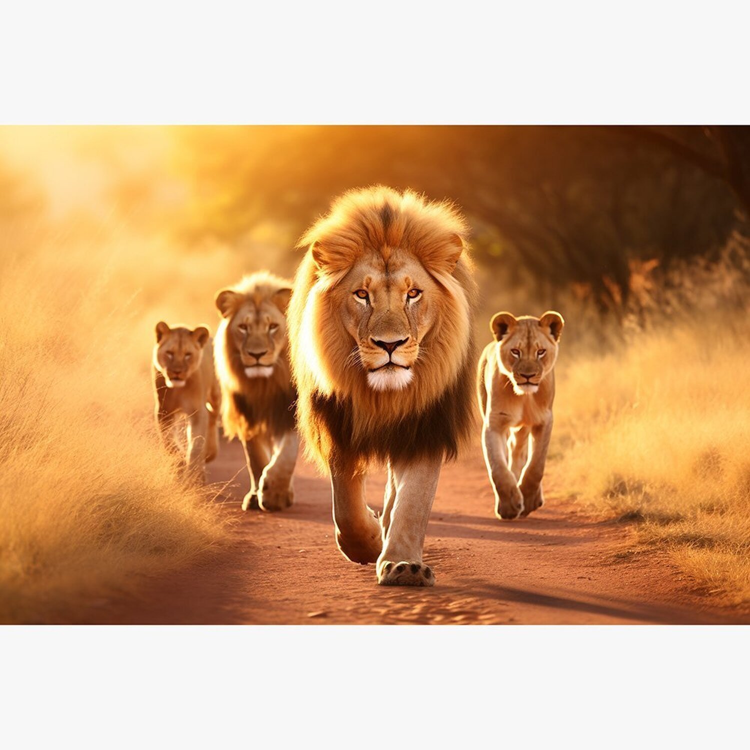 Quadro Decorativo 1 Tela Animais Leões Caminhando no Campo Sol Diversos Tamanhos - 2