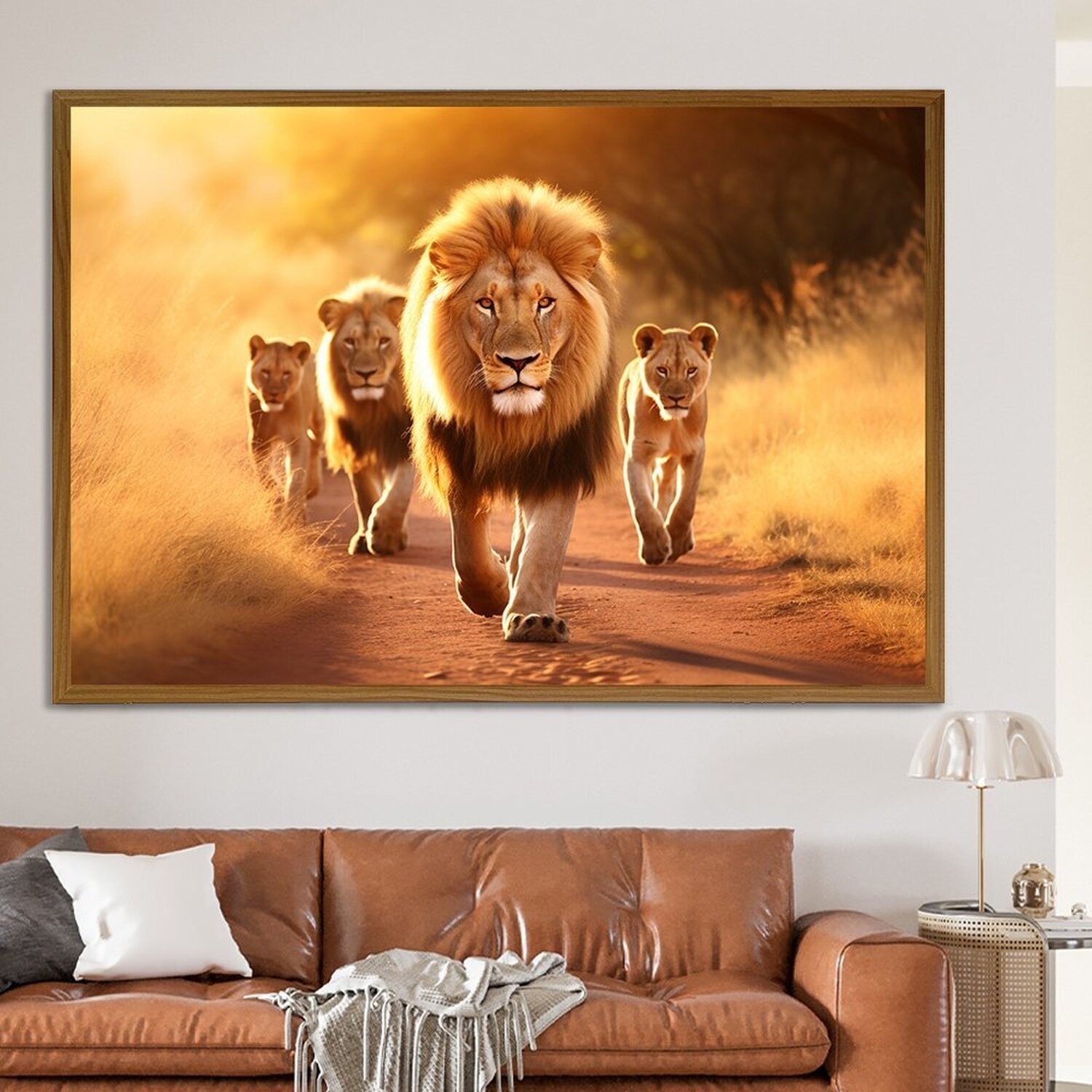 Quadro Decorativo 1 Tela Animais Leões Caminhando no Campo Sol Diversos Tamanhos - 1