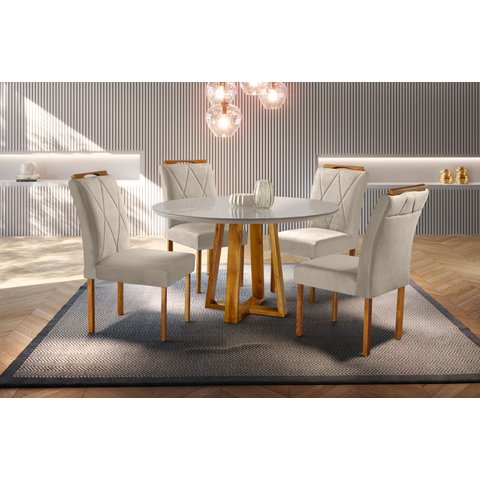 Conjunto Sala de Jantar 4 Lugares Mesa Redonda 1,0m e 4 Cadeiras Bege Areia
