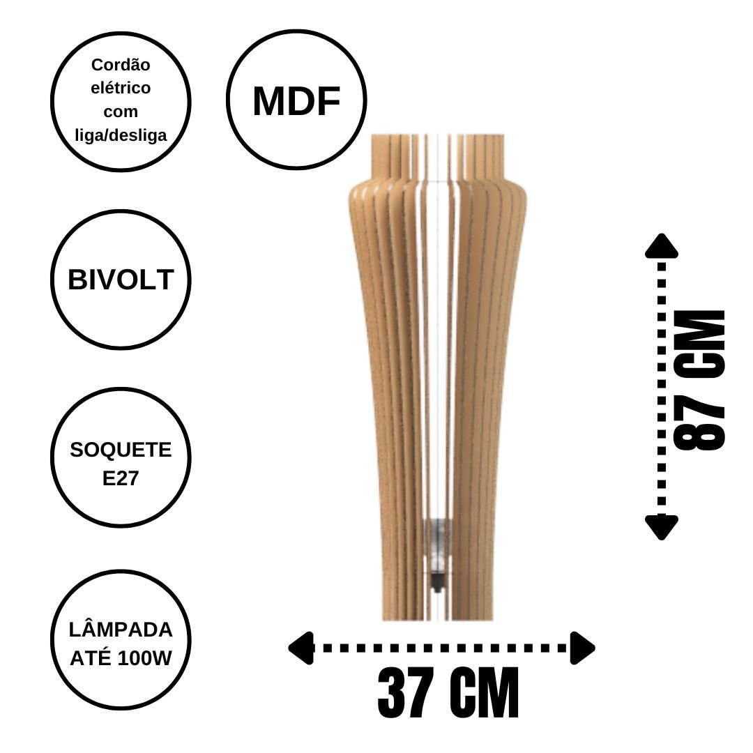 Abajur Grande de Chão AZALÉIA MDF Luminária -:MDF CRU - 3