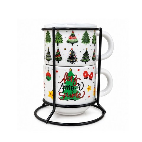 Kit 2 Xícaras de Chá c/ Suporte Estampa Natal Pinheiros Porcelana 200ml Empilháveis