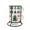 Ver imagem 1 de Kit 2 Xícaras de Chá c/ Suporte Estampa Natal Pinheiros Porcelana 200ml Empilháveis