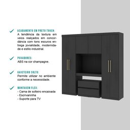 Guarda Roupa Casal 6 Portas 2 Gavetas Porto Carraro Preto - 3