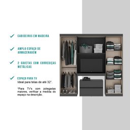 Guarda Roupa Casal 6 Portas 2 Gavetas Porto Carraro Preto - 4