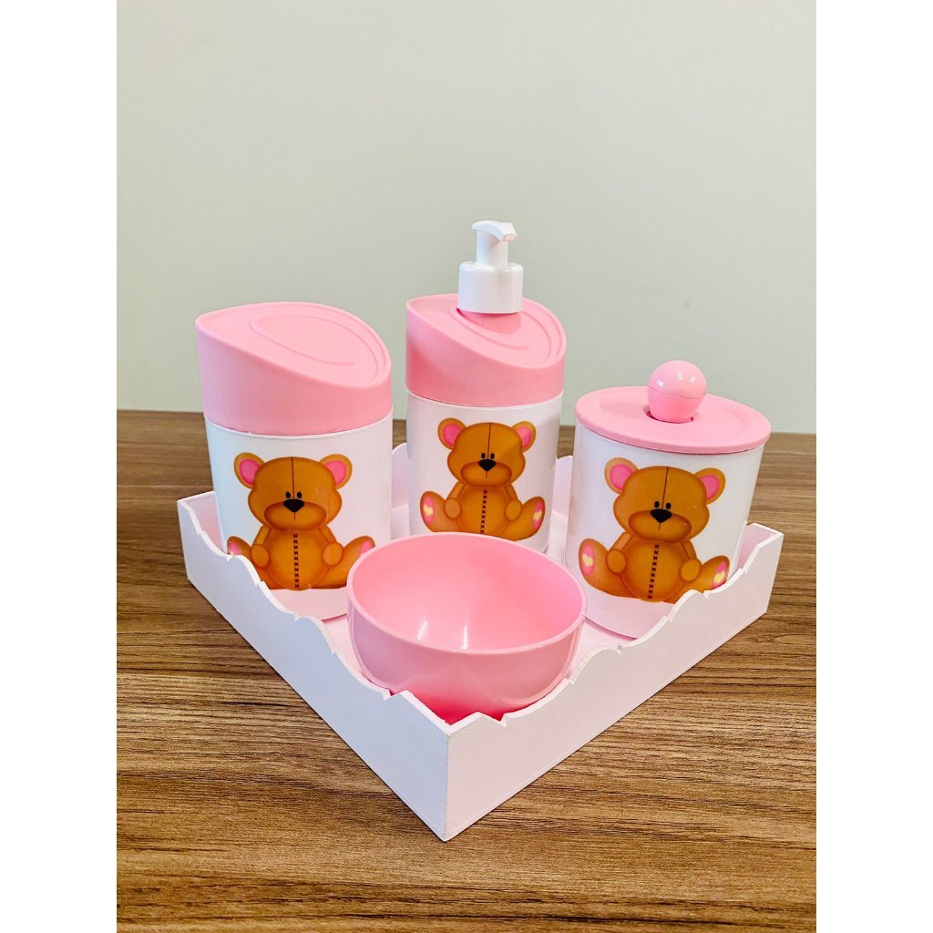 Kit Higiene Ursinha Baby - Rosa C/bandeja Quadrada Rosa - 1