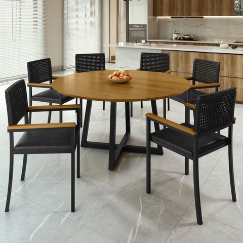 Conjunto Sala de Jantar Mesa Redonda 6 Cadeiras com Braço MDF Coliseu Preto