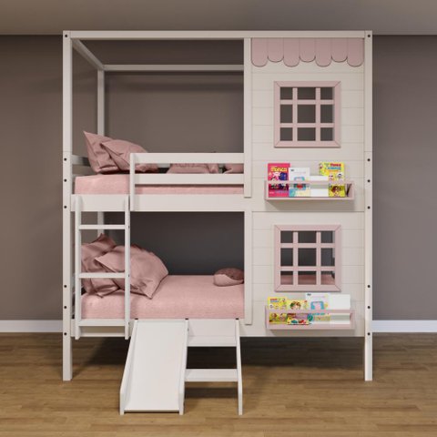 Beliche Casinha Reta com 02 Janelas e Escorregador Madeira Maciça Branco/ Rosa Housin