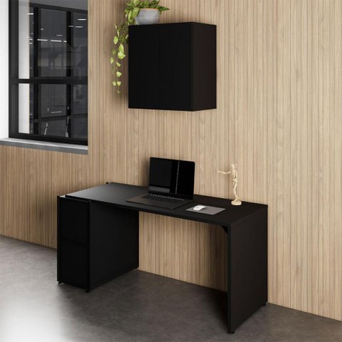 Mesa Escrivaninha 1,5m C/ Balcão e Armário Aéreo 2 Portas F5 Cor:preto