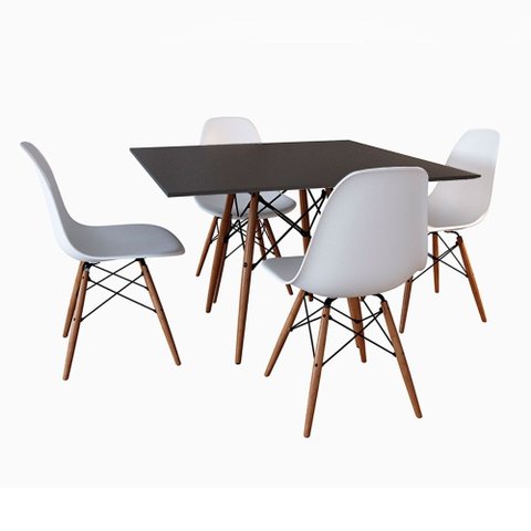 Conjunto de Mesa de Jantar Eames Eiffel Quadrada 90cm Tampo de Madeira Preto com 4 Cadeiras Brancas