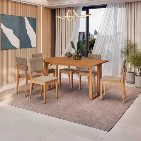 Conjunto Sala de Jantar Dora em Madeira Maciça 6 Cadeiras Linho Fendi