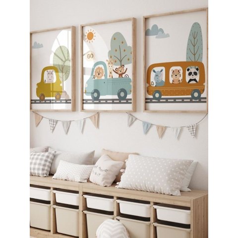 Kit 3 Quadros Infantil Animais Safari Quarto Bebê Menino 40x60 Moldura Madeira NO5