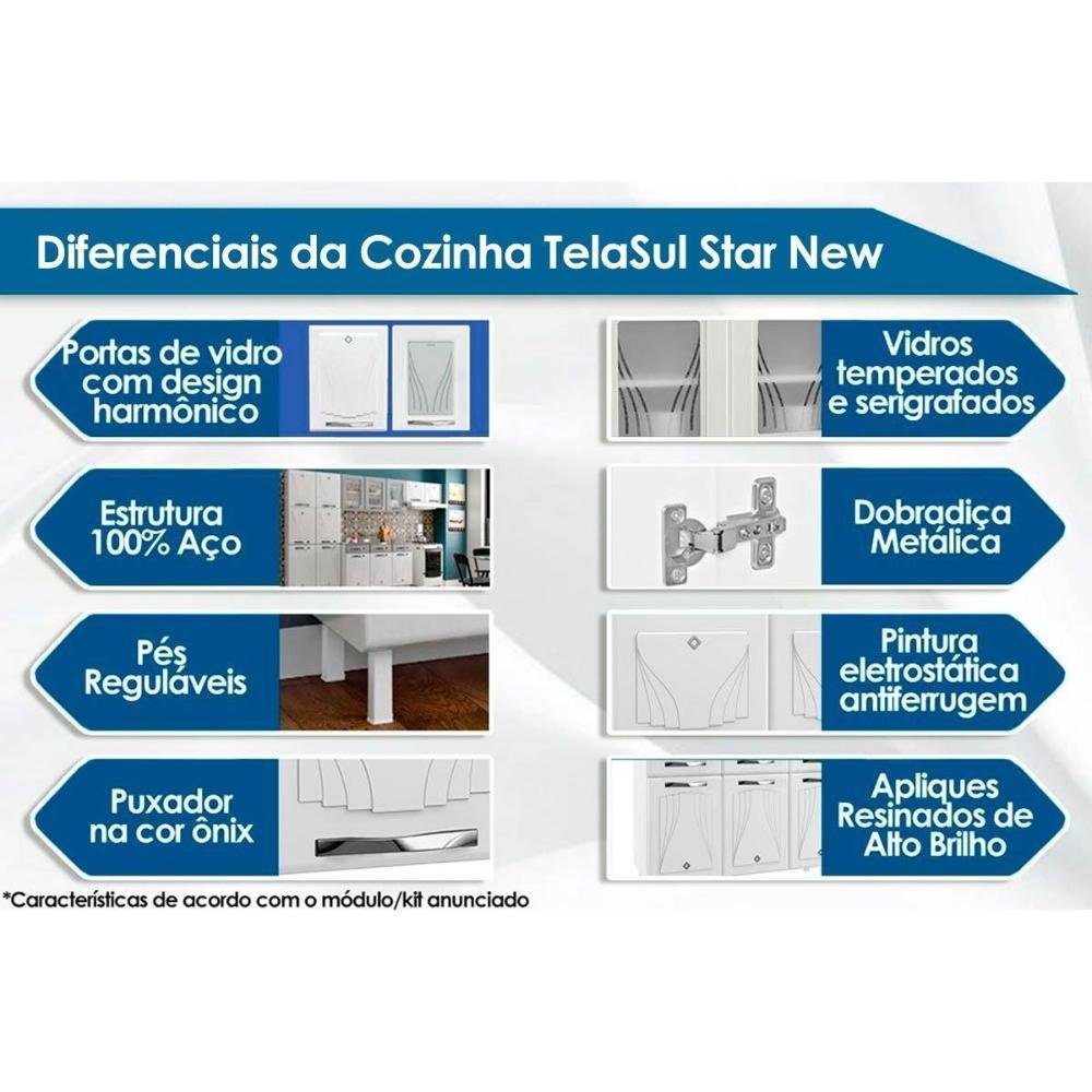 Cozinha Modulada Telasul Star New Kit Aço 6 Portas e 3 Gavetas 120cm Branco/preto-telasul - 6