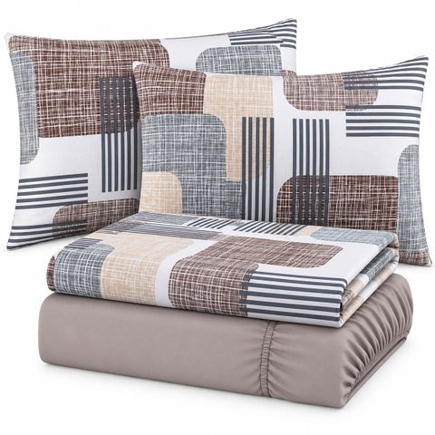 Jogo de Cama Lençol Queen Malha Soft 100% Algodão Fio Penteado Estampado Toque Macio 4 Peças Geométr