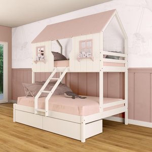 Beliche Casal/ Solteiro Casinha Encantada com 02 Gavetas Madeira Maciça Branco/ Rosa Megamobilia