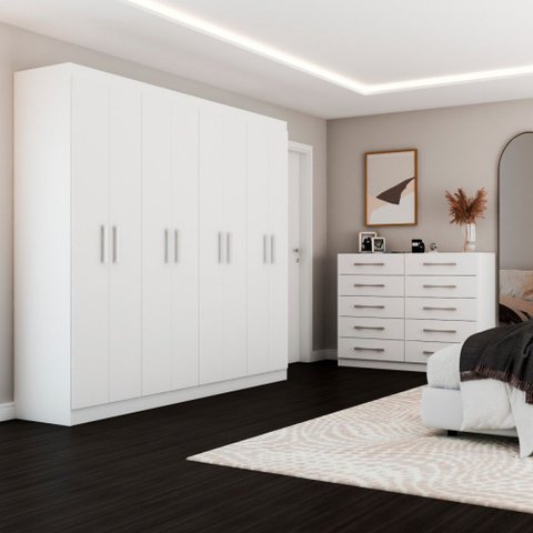 Quarto de Casal Ele e Ela Guarda-Roupa 8 Portas e Cômoda 10 Gavetas Branco - Panorama Móveis