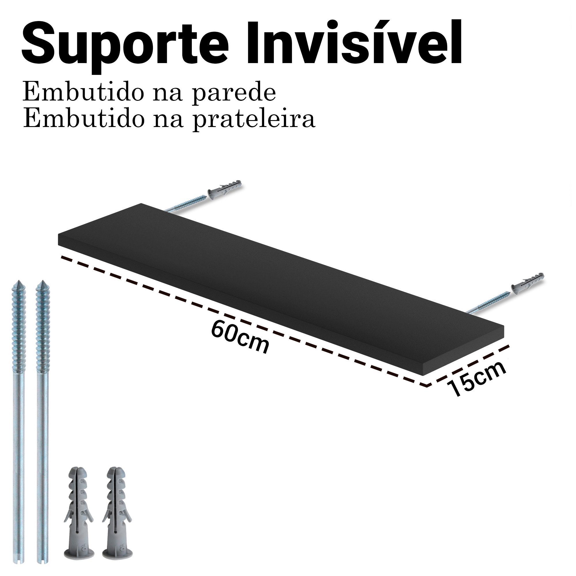 Kit Prateleiras em Mdf 8 Unidades- Suporte Invisivel - Preto Tamanho 60x15 - 2